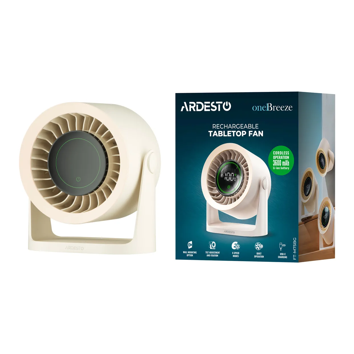 Вентилятор настільний акумуляторний Ardesto OneBreeze FT-M75BG бежевий — фото 12