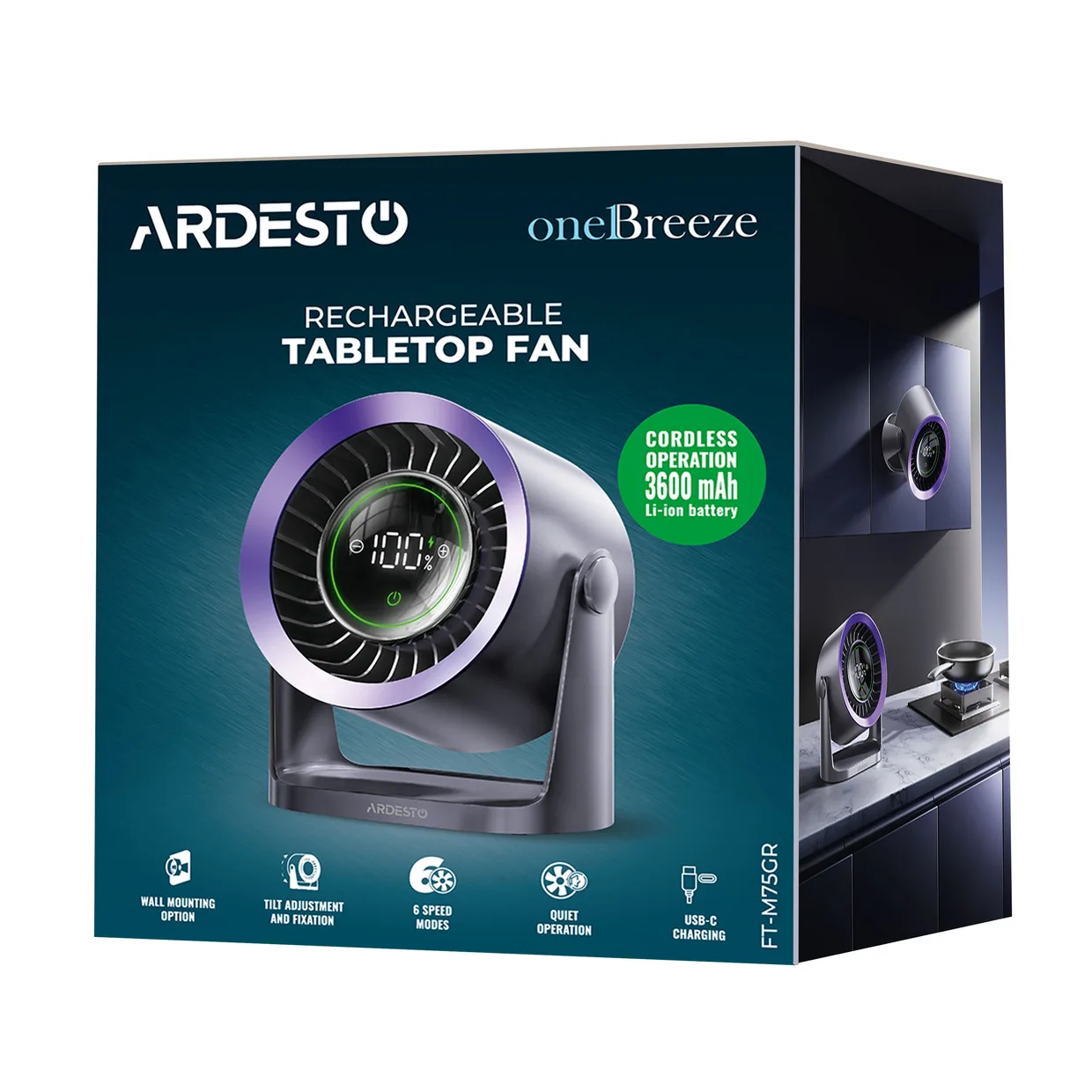 Вентилятор настільний акумуляторний Ardesto OneBreeze FT-M75GR сірий — фото 12