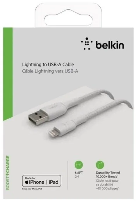Кабель Belkin USB-A – Lightning 12 Вт, плетёный 2 м белый (CAA002BT2MWH) — фото 4