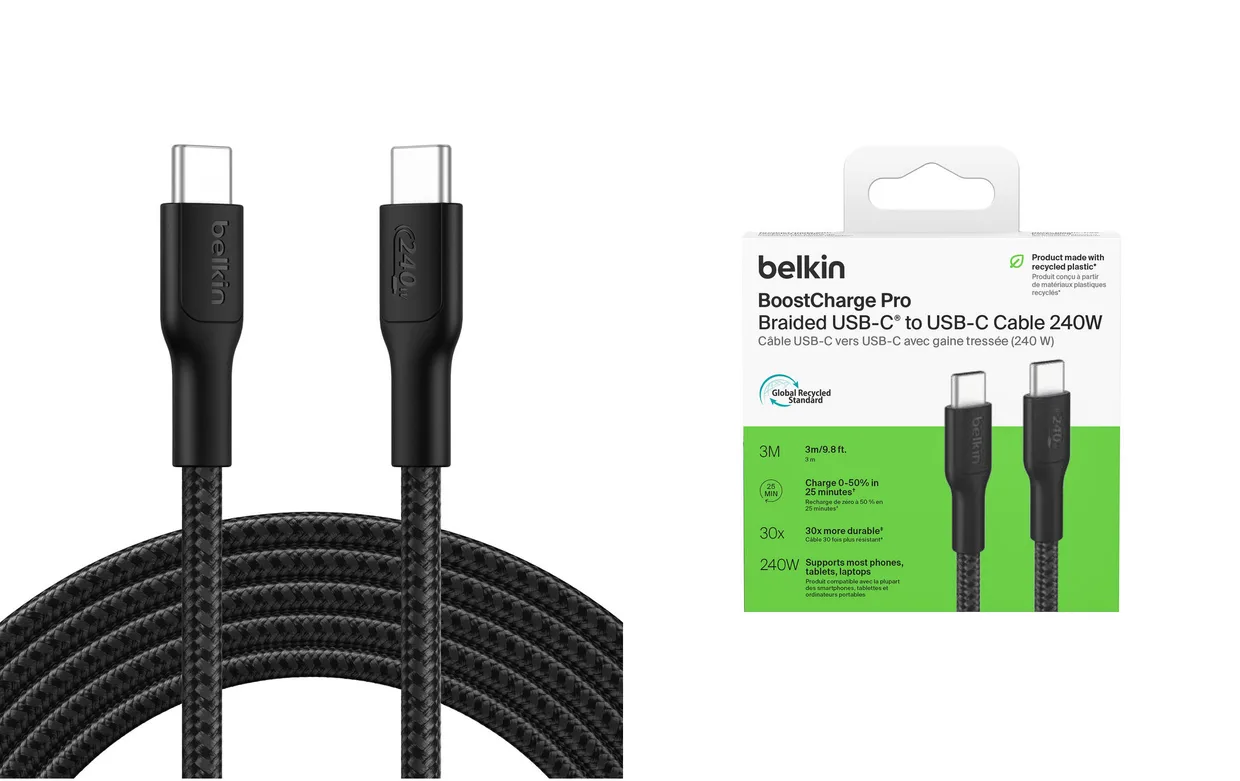 Кабель Belkin USB-C – USB-C 240 Вт, плетёный 3 м черный (CAB025HQ3MBK) — фото 3