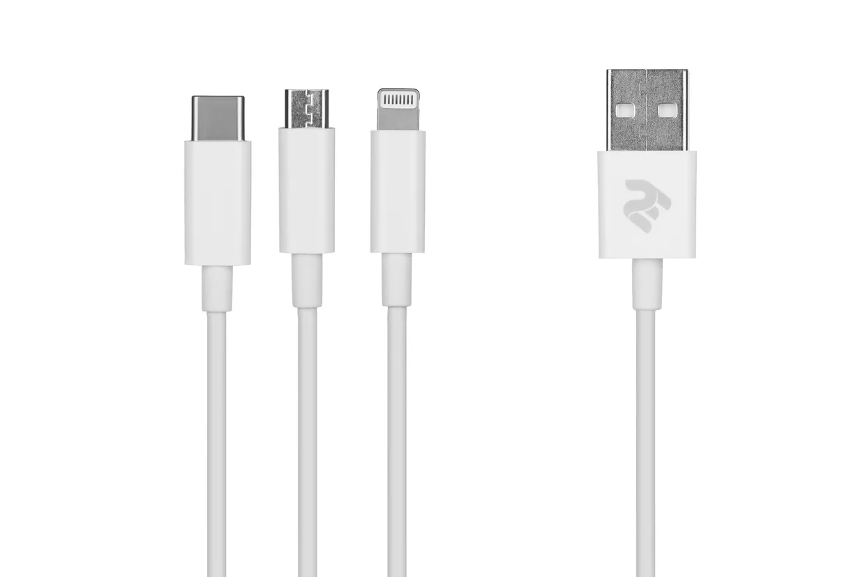 Кабель 2E 3-в-1 USB-A – microUSB/Lightning/USB-C 2,4 А 1,2 м білий (2E-CCMTLAB-WT)