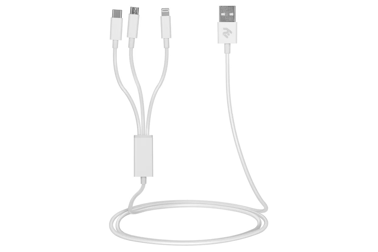 Кабель 2E 3-в-1 USB-A – microUSB/Lightning/USB-C 2,4 А 1,2 м білий (2E-CCMTLAB-WT) — фото 3