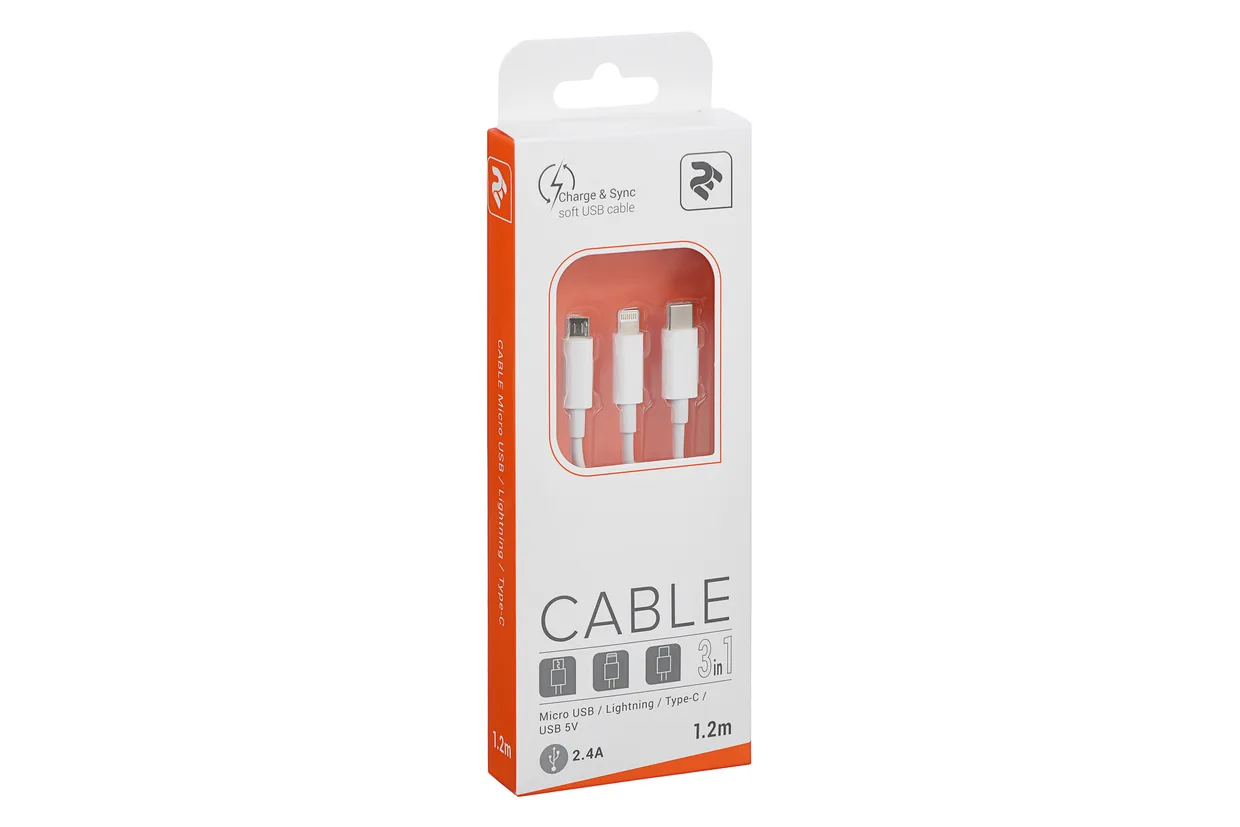 Кабель 2E 3-в-1 USB-A – microUSB/Lightning/USB-C 2,4 А 1,2 м білий (2E-CCMTLAB-WT) — фото 5