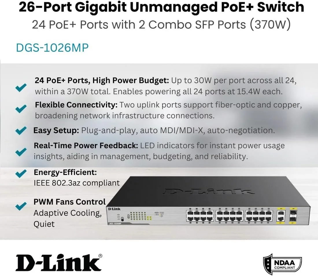 Коммутатор неуправляемый D-Link DGS-1026MP 24×GE PoE+ 370 Вт, 2×combo SFP — фото 4