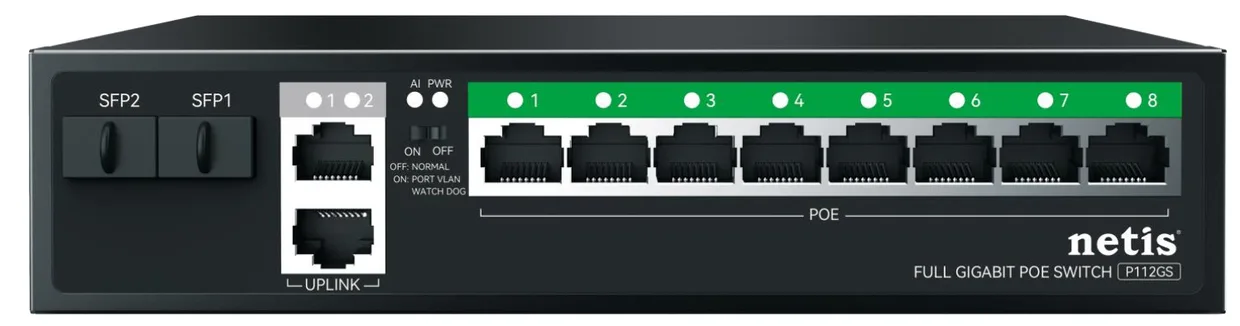 Коммутатор неуправляемый Netis P112GS 8×GE PoE, 2×GE uplink, 2×SFP, 120 Вт
