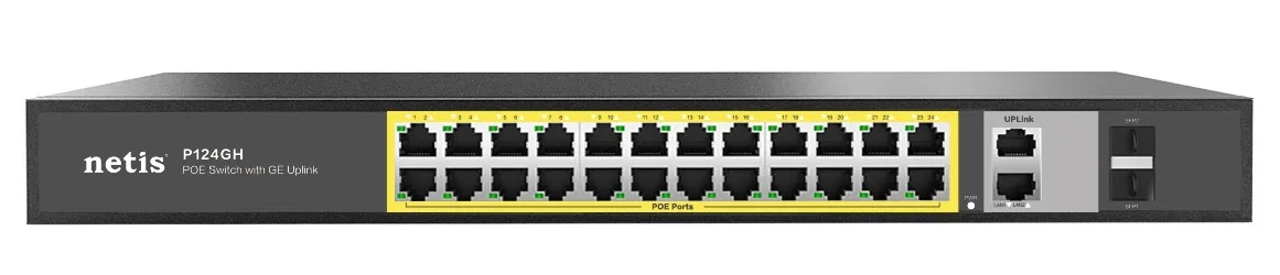 Коммутатор неуправляемый Netis P124GH 24×FE PoE, 2×GE uplink, 2×SFP, 360 Вт