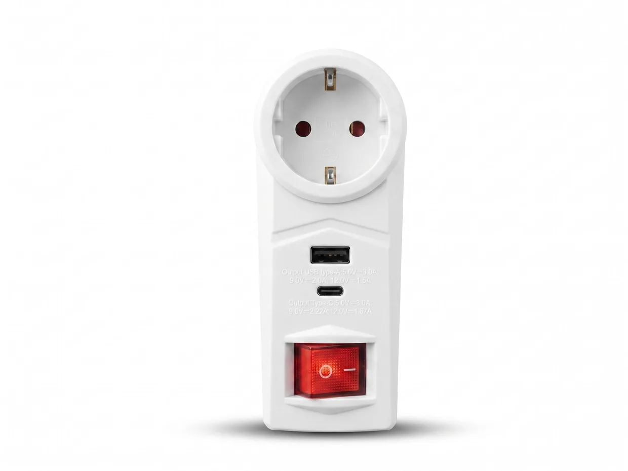 Адаптер сетевой 2E 1 розетка, USB-A + USB-C, с выключателем белый