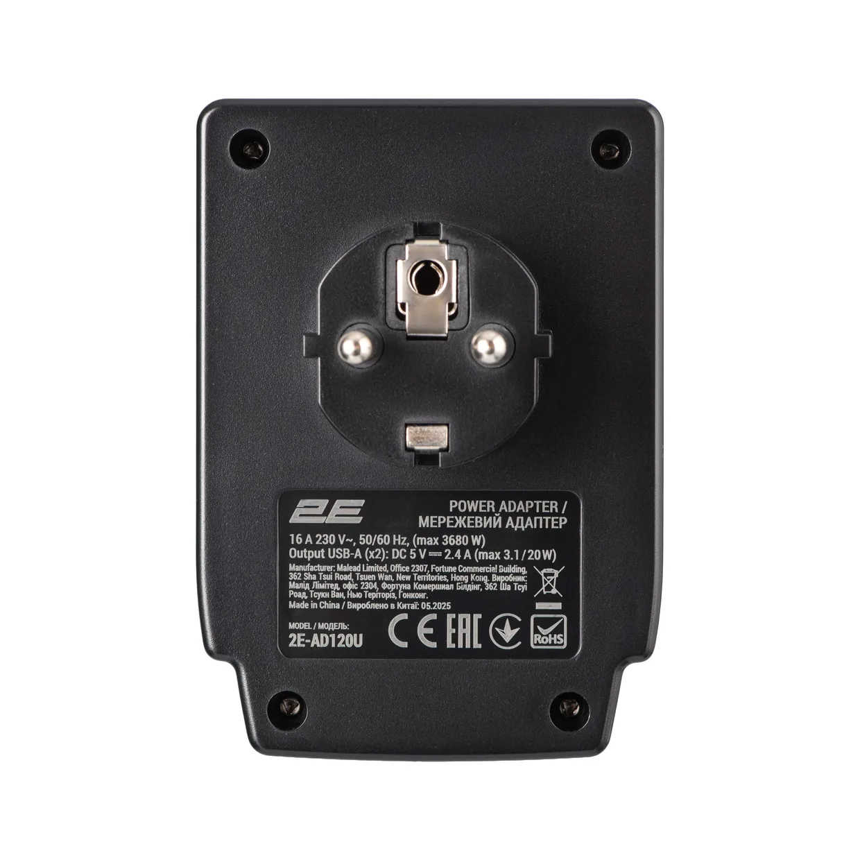 Адаптер-фильтр сетевой 2E 1 розетка 16 А, 2×USB-A черный — фото 3