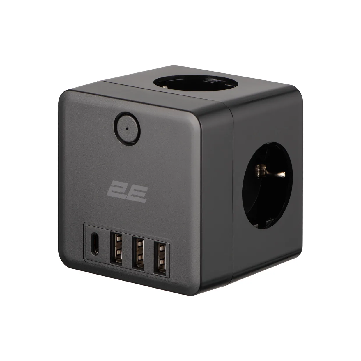 Адаптер-фільтр мережевий 2E куб 3 розетки 16 А, 2×USB-A, USB-C чорний
