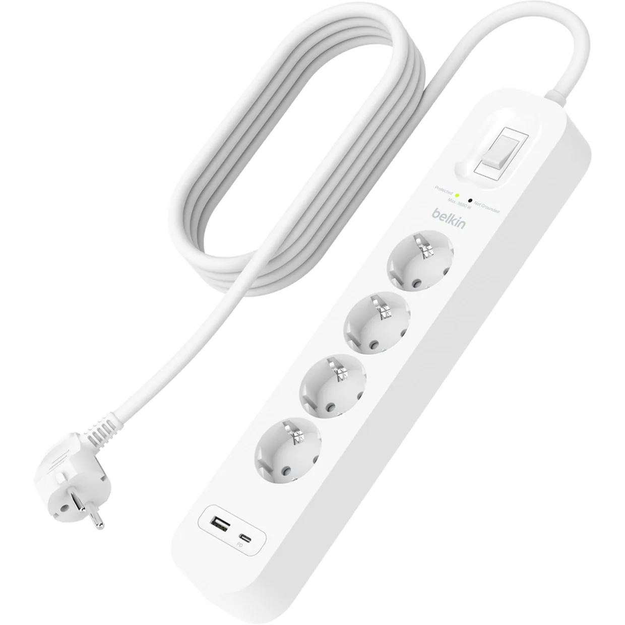 Сетевой фильтр Belkin 4 розетки, USB-A + USB-C 18 Вт, 2 м белый