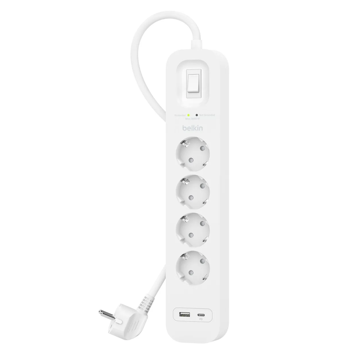 Сетевой фильтр Belkin 4 розетки, USB-A + USB-C 18 Вт, 2 м белый — фото 2