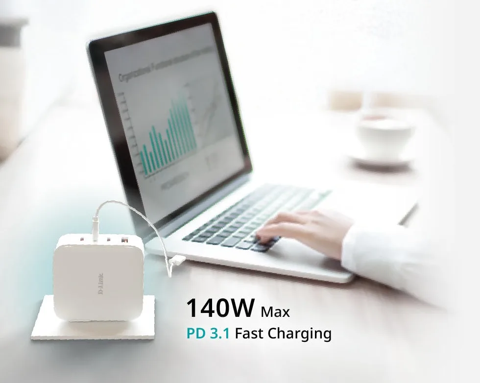 Мережевий зарядний пристрій D-Link DCF-141 140 Вт GaN 3×USB-C + USB-A білий — фото 4