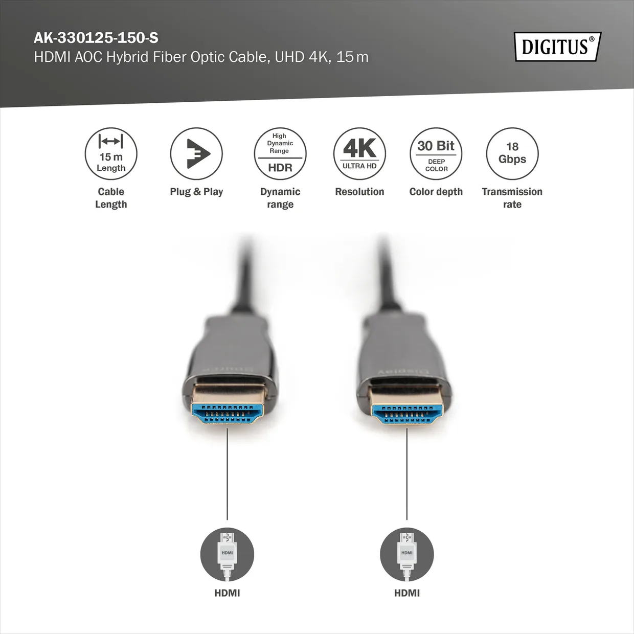 Кабель Digitus HDMI 2.0 4K AOC оптический 15 м черный (AK-330125-150-S) — фото 4
