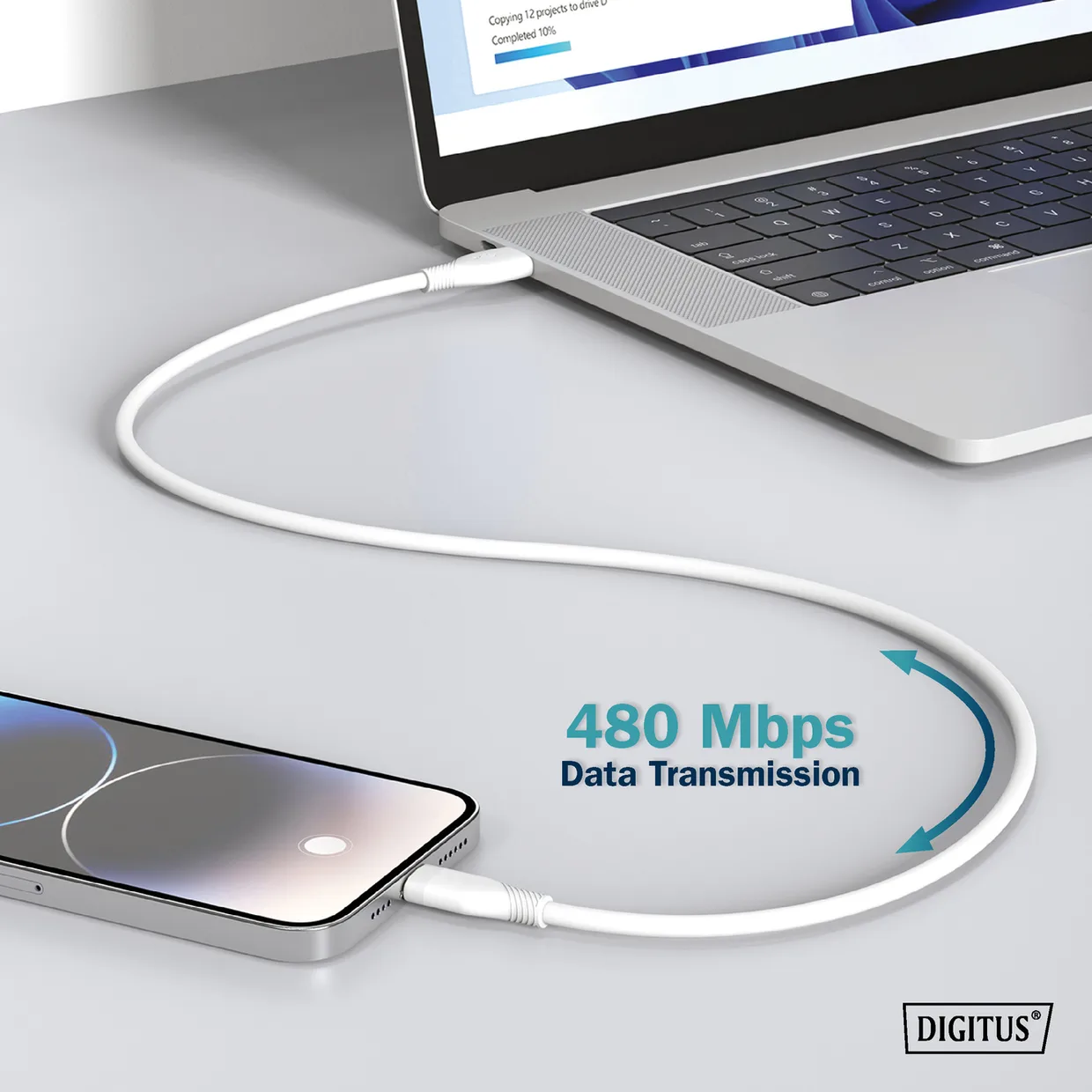 Кабель Digitus USB-A – USB-C 2.0 60 Вт силиконовый 1 м белый (AK-300340-010-W) — фото 6