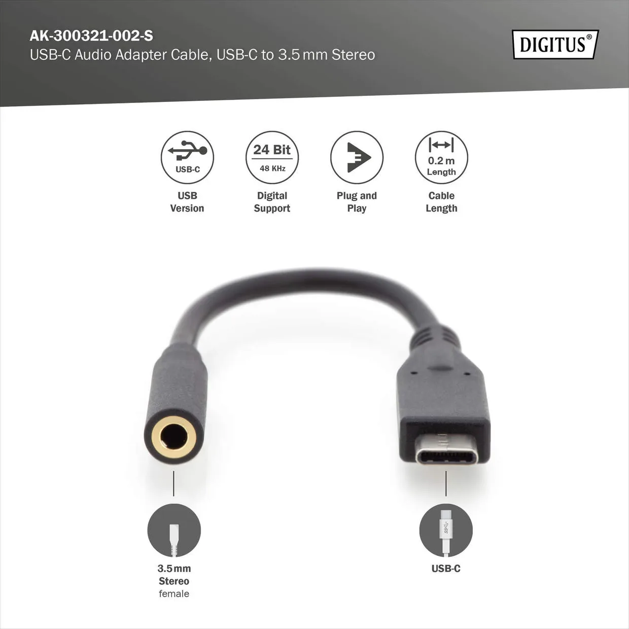 Адаптер Digitus USB-C – 3,5 мм з ЦАП чорний (AK-300321-002-S) — фото 2