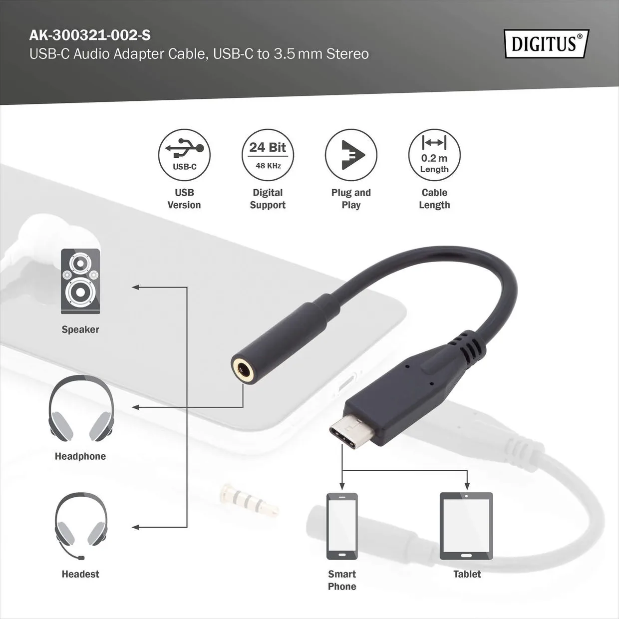 Адаптер Digitus USB-C – 3,5 мм з ЦАП чорний (AK-300321-002-S) — фото 3