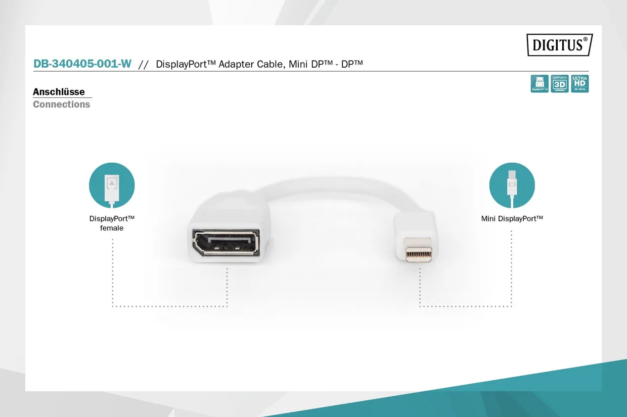 Адаптер Digitus Mini DisplayPort – DisplayPort 4K 0,15 м белый (DB-340405-001-W) — фото 3