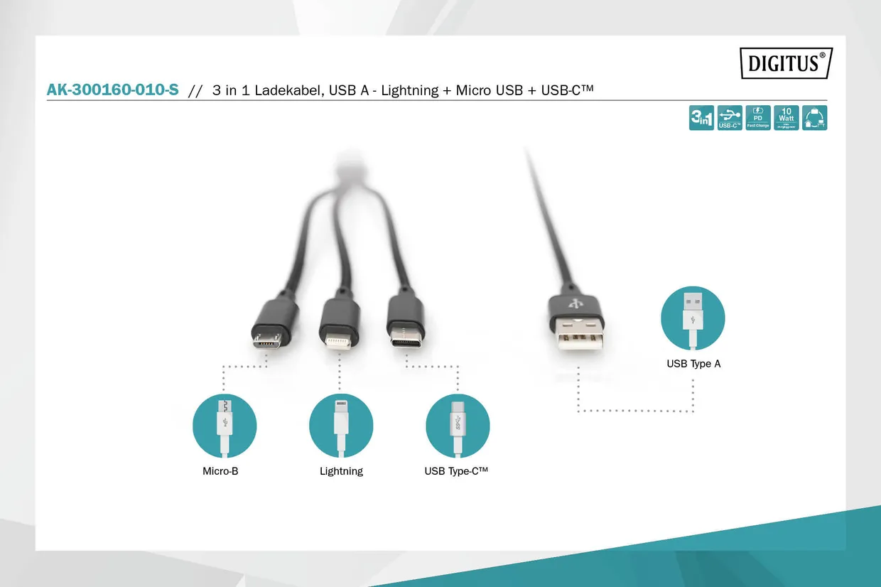 Кабель Digitus USB-A – USB-C / micro-USB / Lightning 3-в-1 1 м черный (AK-300160-010-S) — фото 8