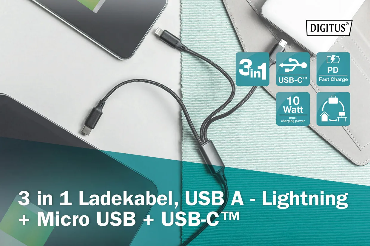 Кабель Digitus USB-A – USB-C / micro-USB / Lightning 3-в-1 1 м черный (AK-300160-010-S) — фото 9
