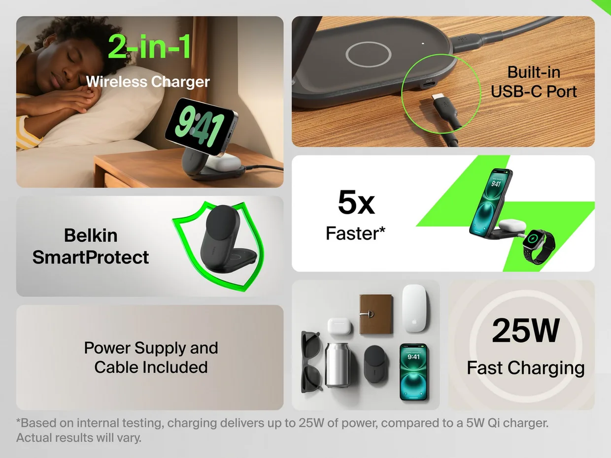 Беспроводное зарядное устройство Belkin UltraCharge 2-в-1 складной 25W Black (WIZ039KQBK) — фото 13
