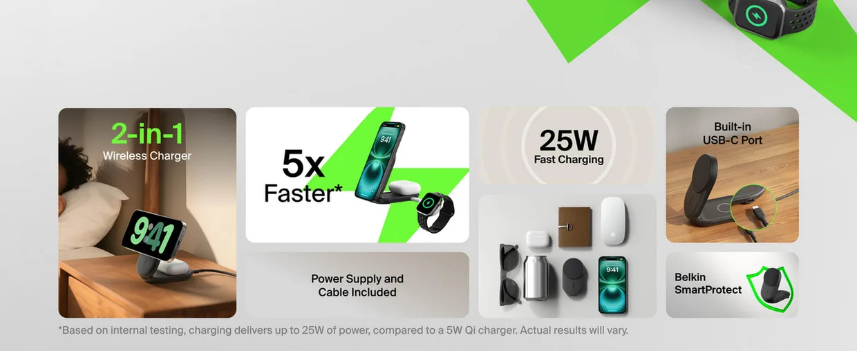 Беспроводное зарядное устройство Belkin UltraCharge 2-в-1 складной 25W Black (WIZ039KQBK) — фото 14