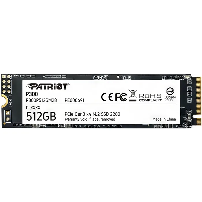 SSD-накопичувач Patriot P300 M.2 NVMe 512GB на чорній платі з білою наклейкою
