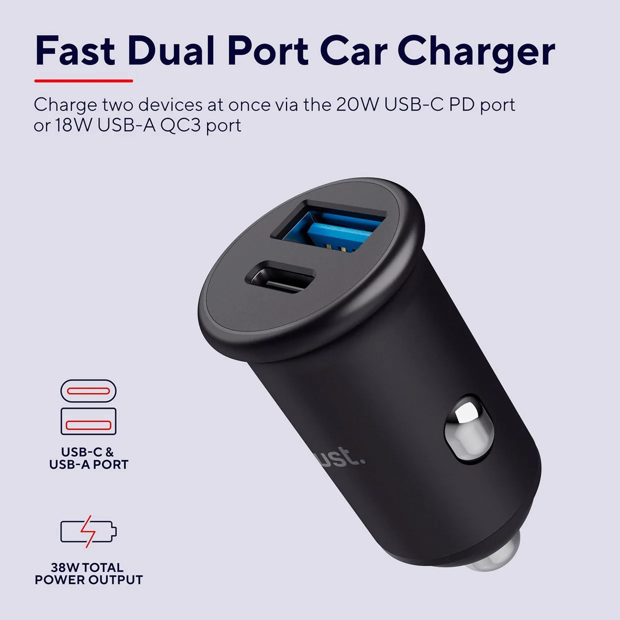 Автомобильное зарядное устройство Trust 38 Вт USB-C + USB-A PD (25197) — фото 3