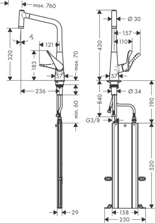 Смеситель для кухни hansgrohe Metris M71 320 с выдвижной лейкой, хром (73801000) — фото 7