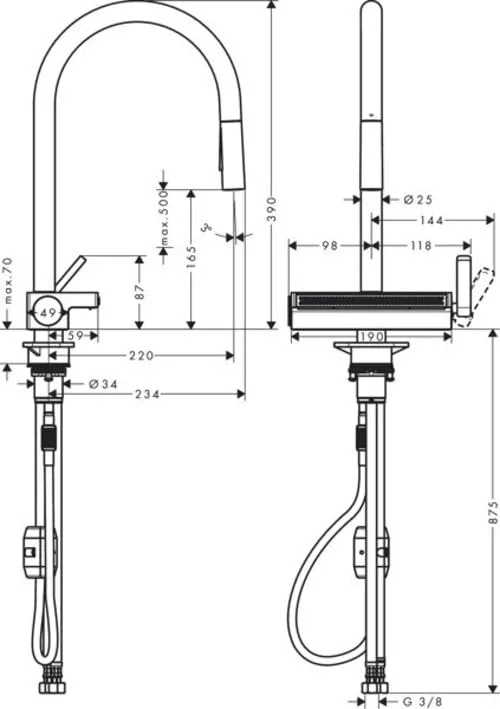 Смеситель для кухни hansgrohe Aquno Select M81 170 с выдвижной лейкой, 3 режима, хром (73837000) — фото 2
