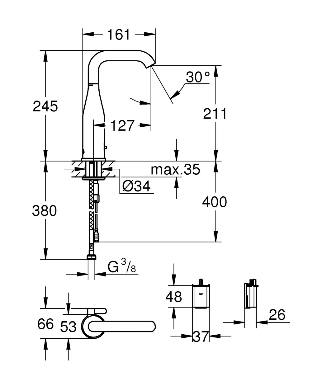 Смеситель для раковины бесконтактный GROHE Essence E с инфракрасным датчиком и ограничителем температуры, хром (36445000) — фото 4