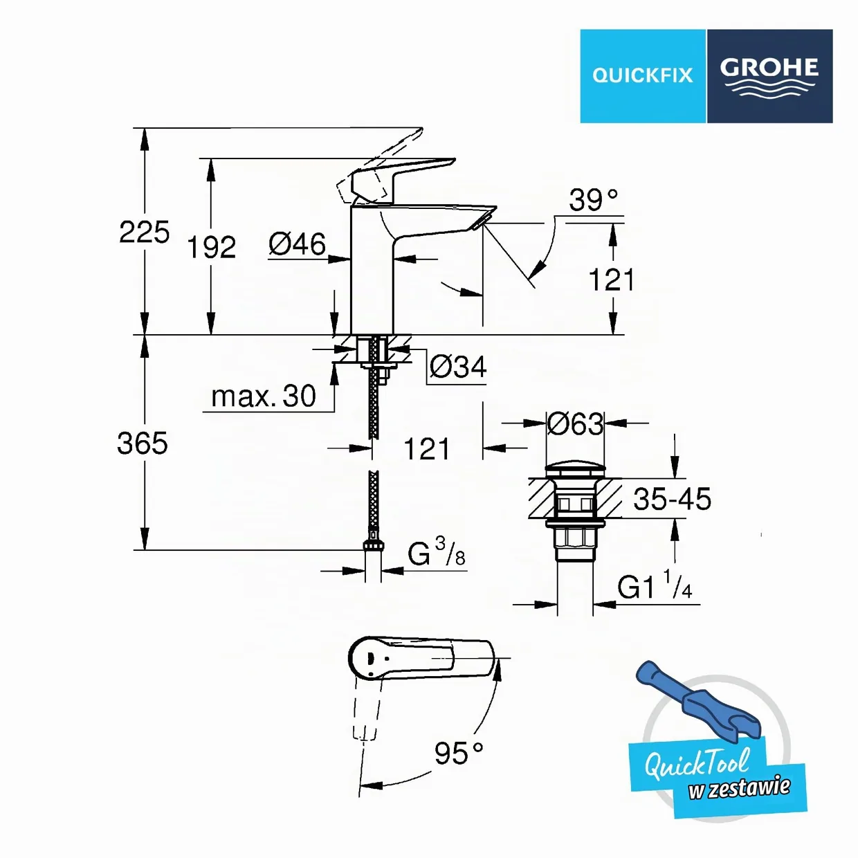 Змішувач для раковини GROHE Start M OpenCold з донним клапаном Push-Open, матовий чорний (237462432) — фото 10