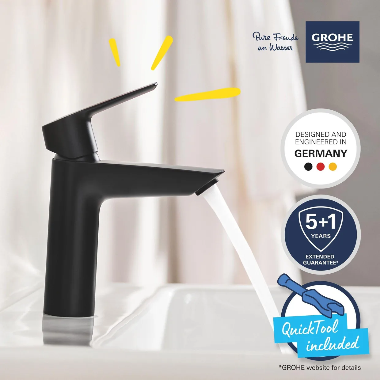 Смеситель для раковины GROHE Start M с донным клапаном Push-Open, матовый чёрный (235752432) — фото 5
