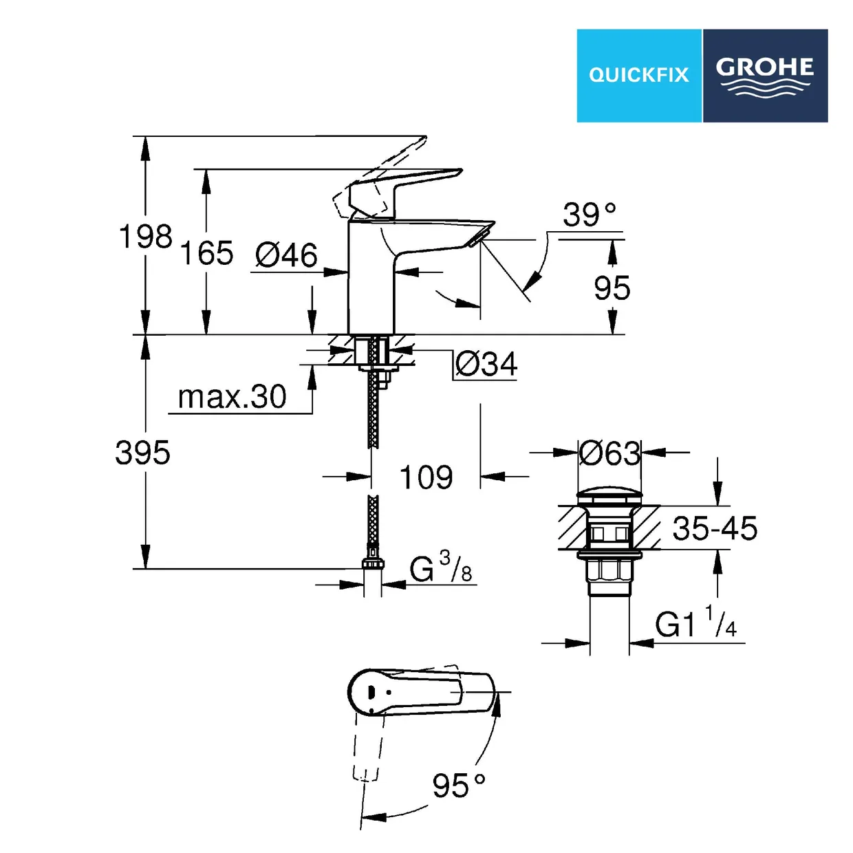 Смеситель для раковины GROHE Start S с донным клапаном Push-Open, матовый чёрный (235502432) — фото 7