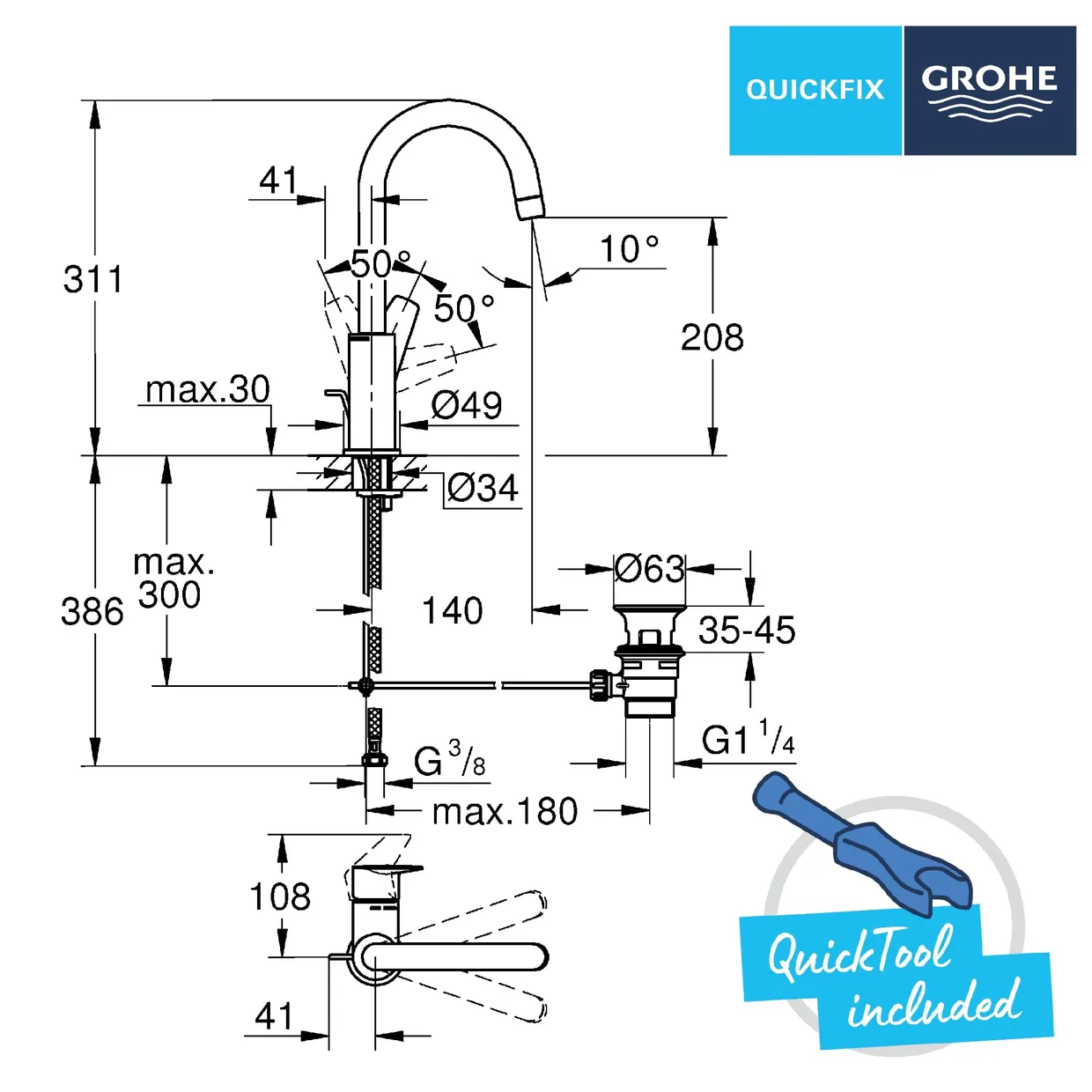 Смеситель для раковины GROHE Start Edge L с поворотным изливом и донным клапаном, хром (24201001) — фото 7