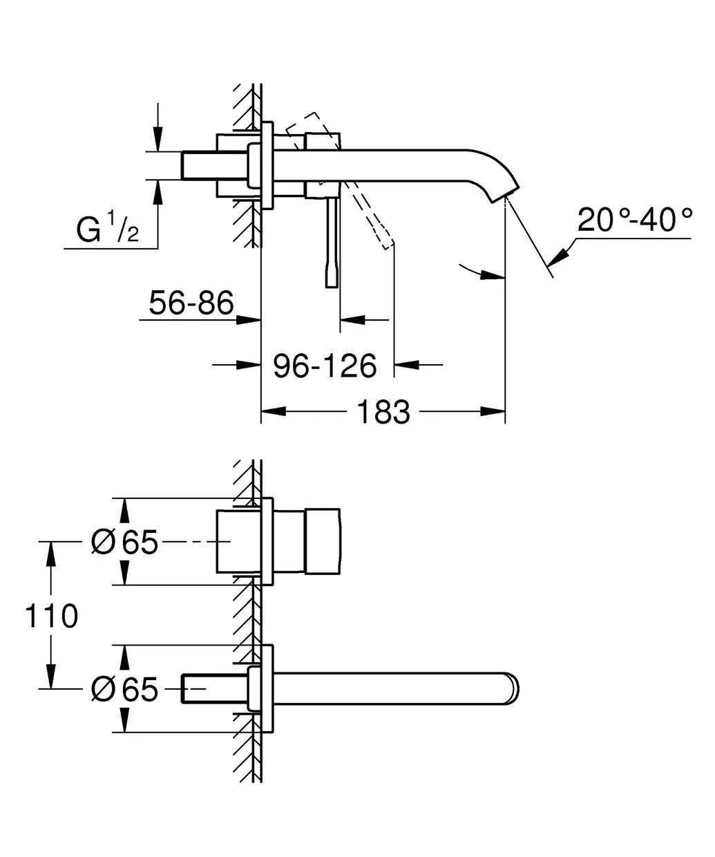 Смеситель для раковины настенный скрытого монтажа GROHE Essence на 2 отверстия, излив 183 мм, внешняя часть, Hard Graphite (19408A01) — фото 5