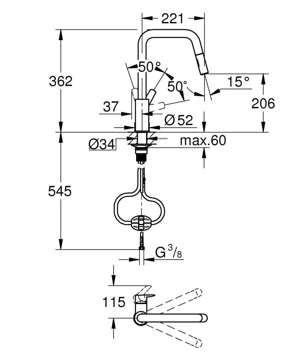 Смеситель для кухни GROHE Start с выдвижным изливом, 2 режима, хром (30631000) — фото 4