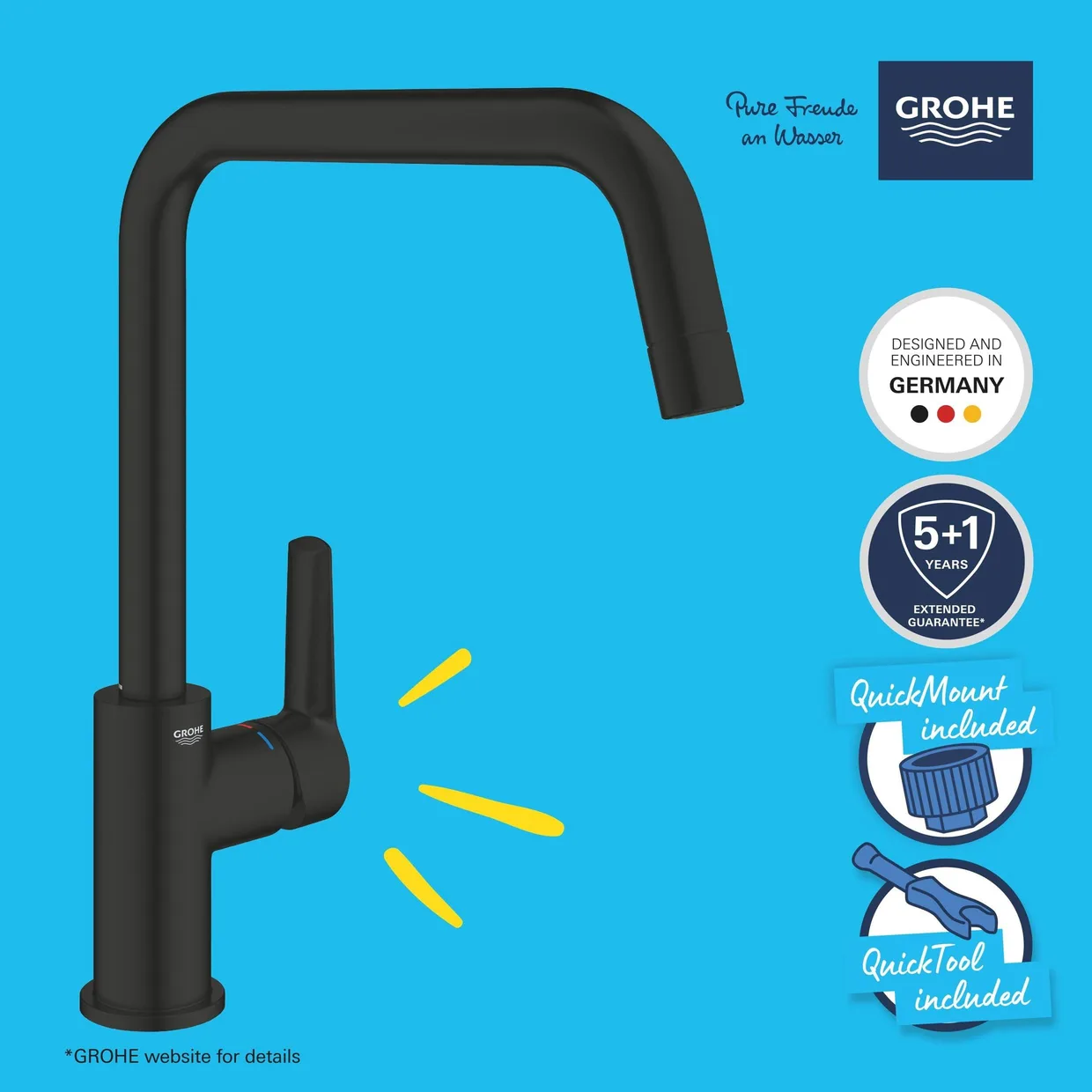 Смеситель для кухни GROHE Start с высоким U-образным изливом, матовый чёрный (304702430) — фото 6
