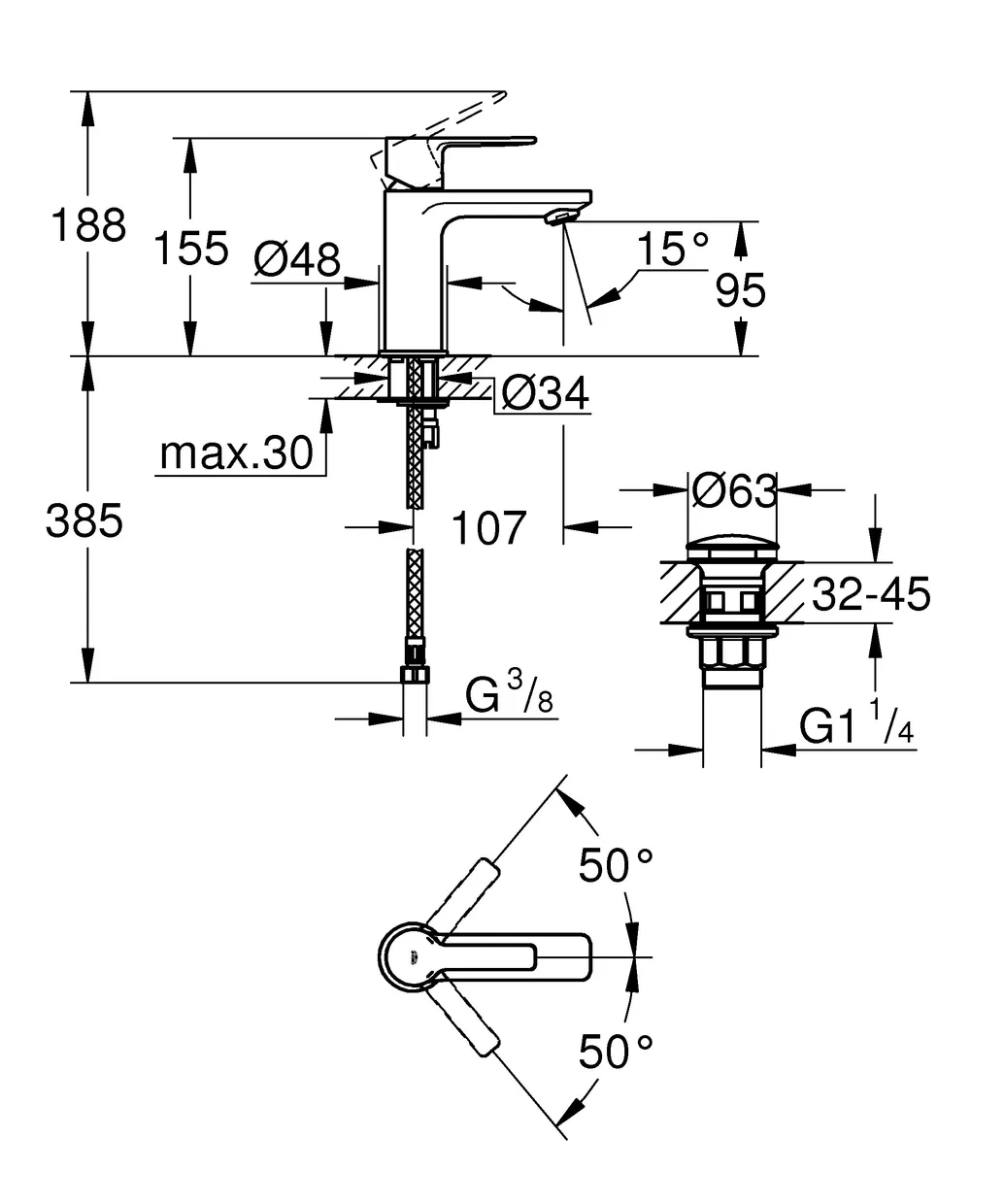 Смеситель для раковины GROHE Lineare XS с донным клапаном Push-Open, хром (23791001) — фото 2