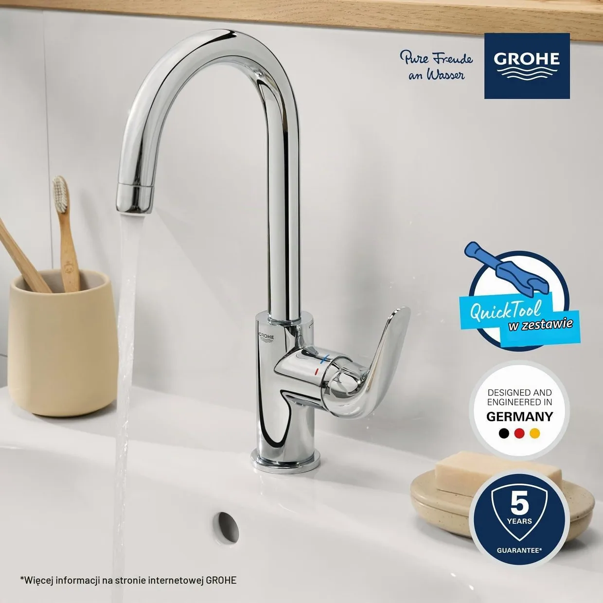 Смеситель для раковины GROHE Swift L OpenCold с поворотным изливом и донным клапаном, хром (24330001) — фото 7
