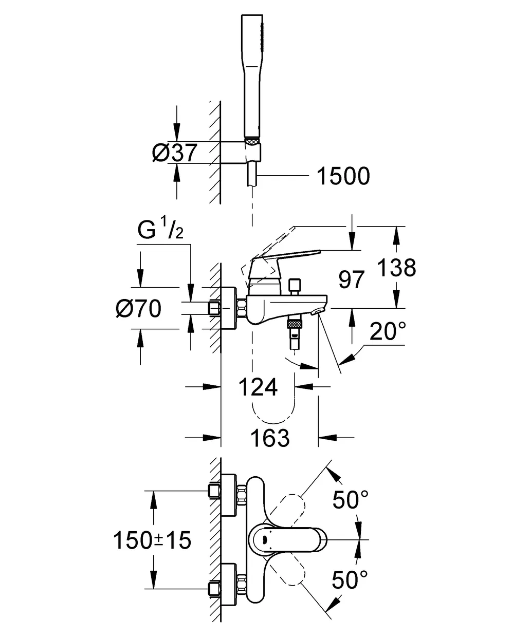 Смеситель для ванны настенный GROHE Eurosmart Cosmopolitan с душевым набором, хром (32832000) — фото 4