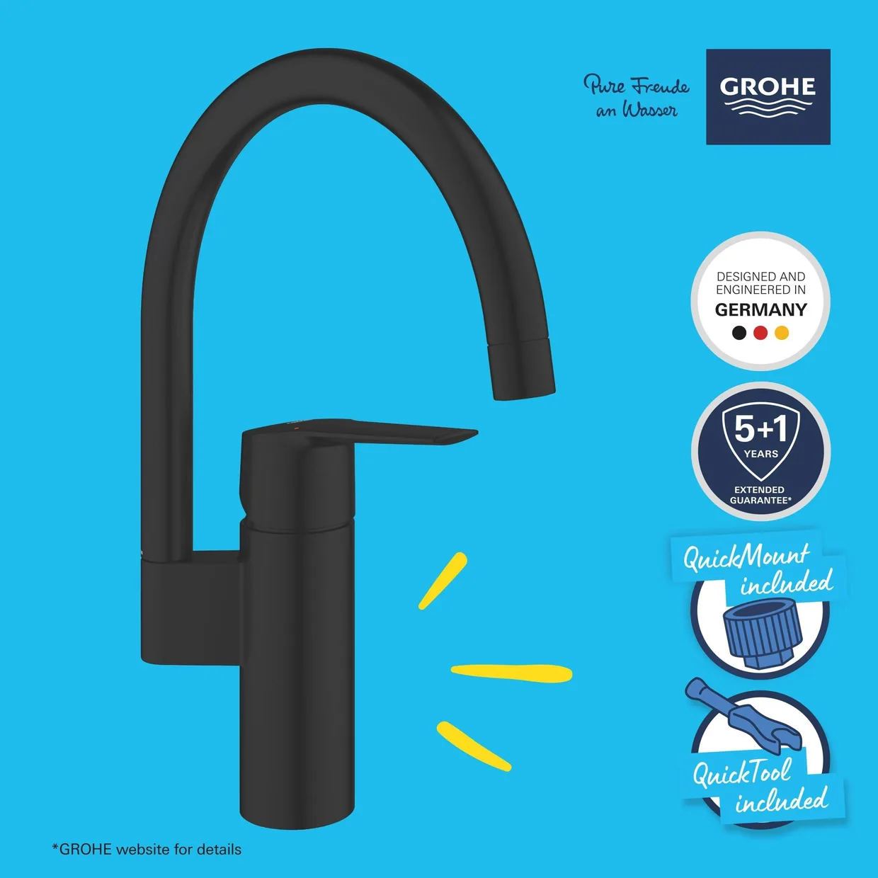 Смеситель для кухни GROHE Start с высоким C-образным изливом, матовый чёрный (304692430) — фото 5