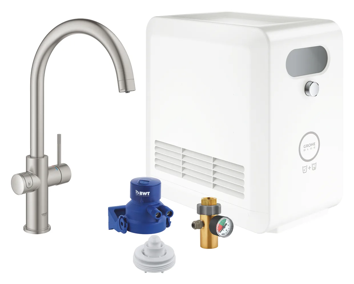 Смеситель для кухни с фильтром и охладителем GROHE Blue Professional, C-образный излив, стартовый набор, Supersteel (31323DC2)