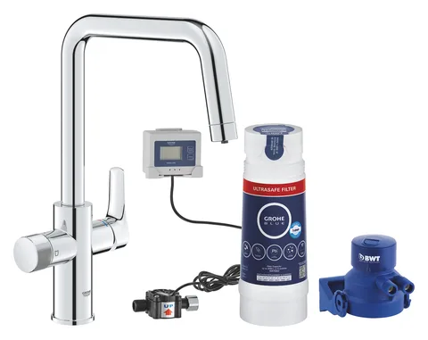 Смеситель для кухни с фильтром GROHE Blue Pure Start, U-образный излив, стартовый набор с фильтром Ultrasafe, хром (30594000)