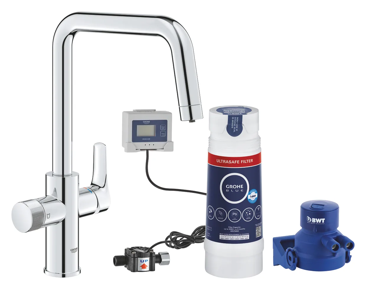 Смеситель для кухни с фильтром GROHE Blue Pure Start, U-образный излив, стартовый набор с фильтром Ultrasafe, хром (30594000)