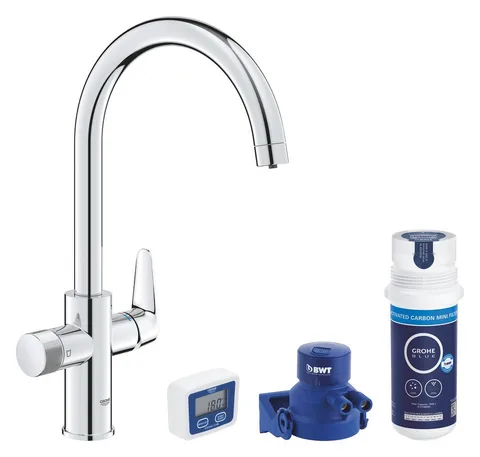 Смеситель для кухни с фильтром GROHE Blue Pure StartCurve, C-образный излив, стартовый набор с угольным фильтром, хром (30593000)