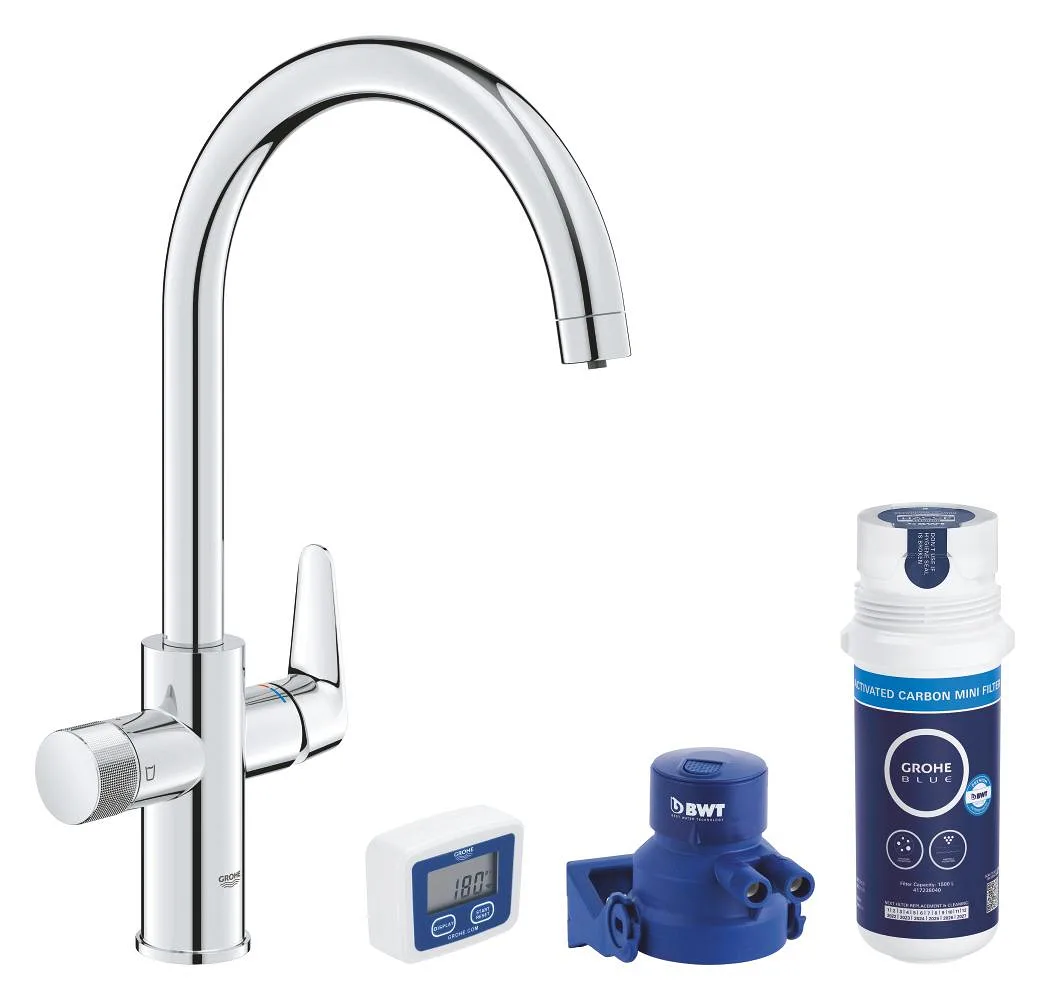Змішувач для кухні з фільтром GROHE Blue Pure StartCurve, C-подібний вилив, стартовий набір з вугільним фільтром, хром (30593000)