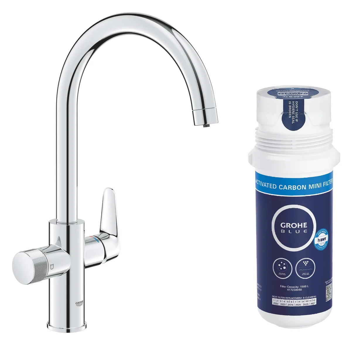 Змішувач для кухні з фільтром GROHE Blue Pure StartCurve, C-подібний вилив, стартовий набір з вугільним фільтром, хром (30593000) — фото 2