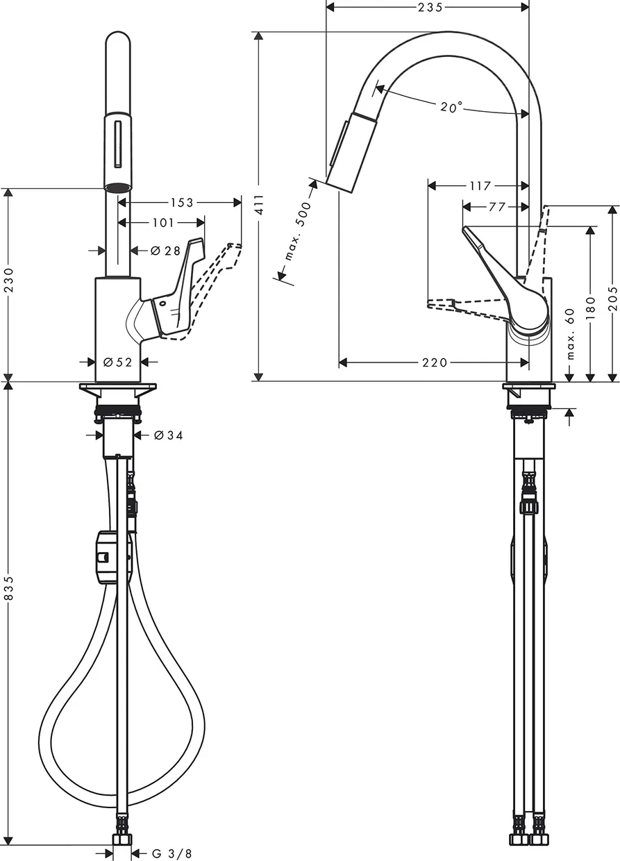 Смеситель для кухни hansgrohe Cento XL с выдвижной лейкой, 2 режима, хром (14803000) — фото 5