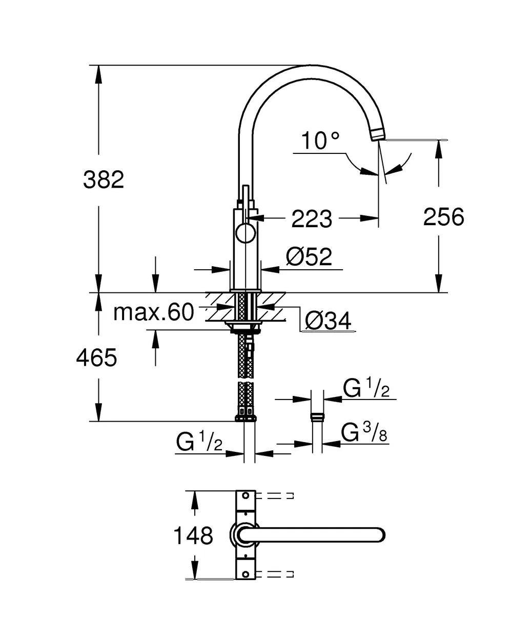 Смеситель для кухни двухвентильный GROHE Ambi Cosmopolitan с высоким C-образным изливом, хром (30190000) — фото 3