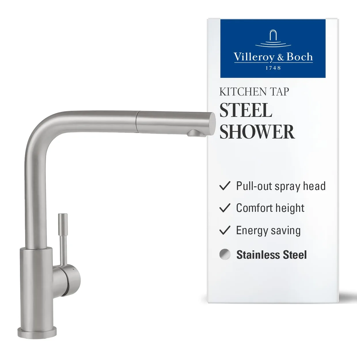 Смеситель для кухни Villeroy & Boch Steel Shower с выдвижной лейкой, нержавеющая сталь (969701LC)